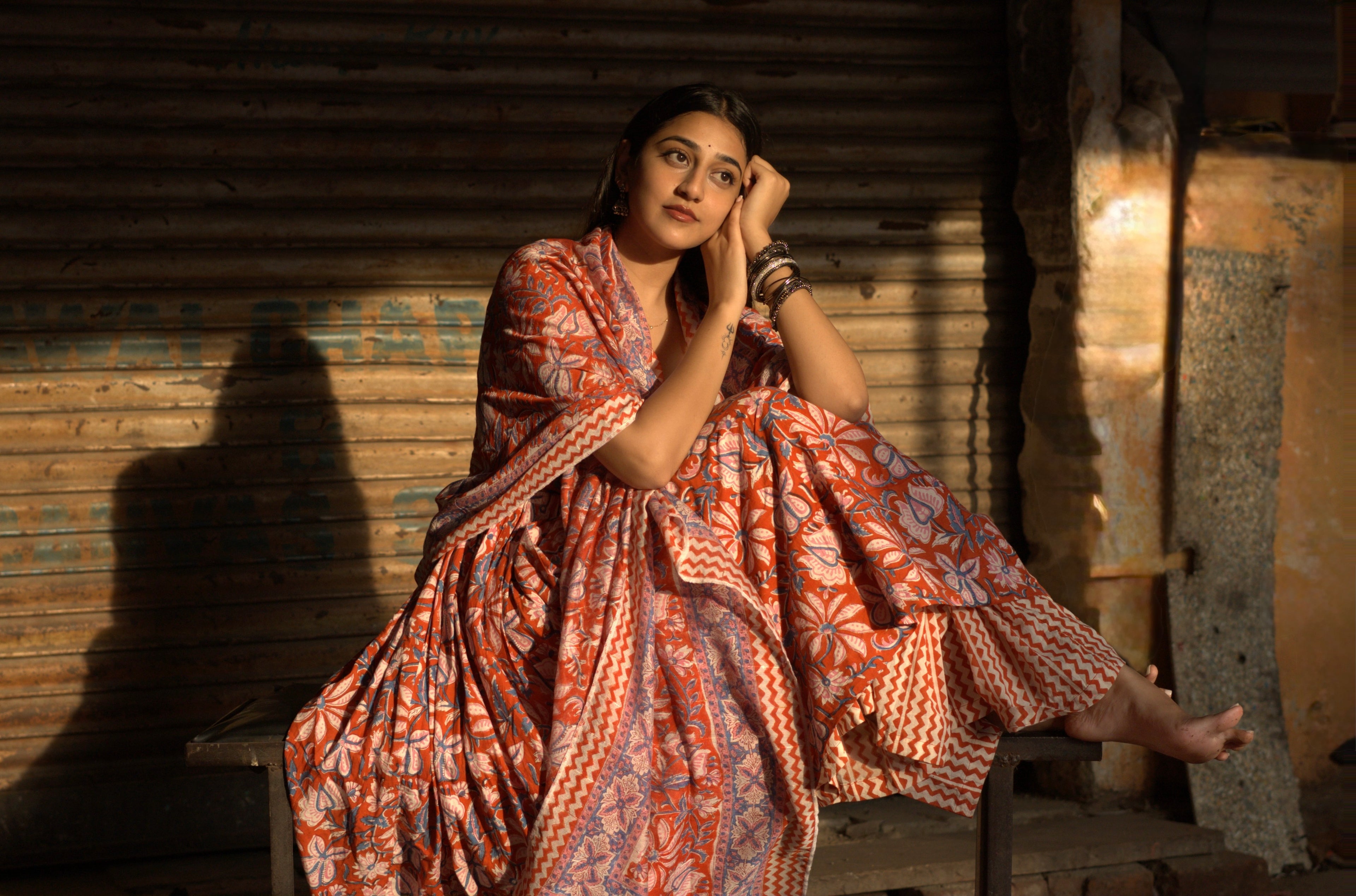 Orange Rapid Jaal Cotton Anarkali Sharara Set