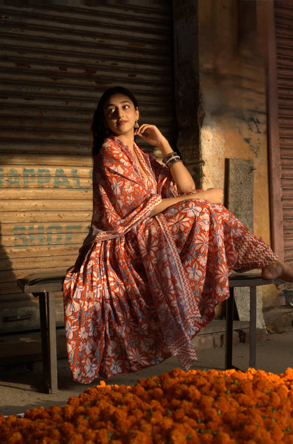 Orange Rapid Jaal Cotton Anarkali Sharara Set