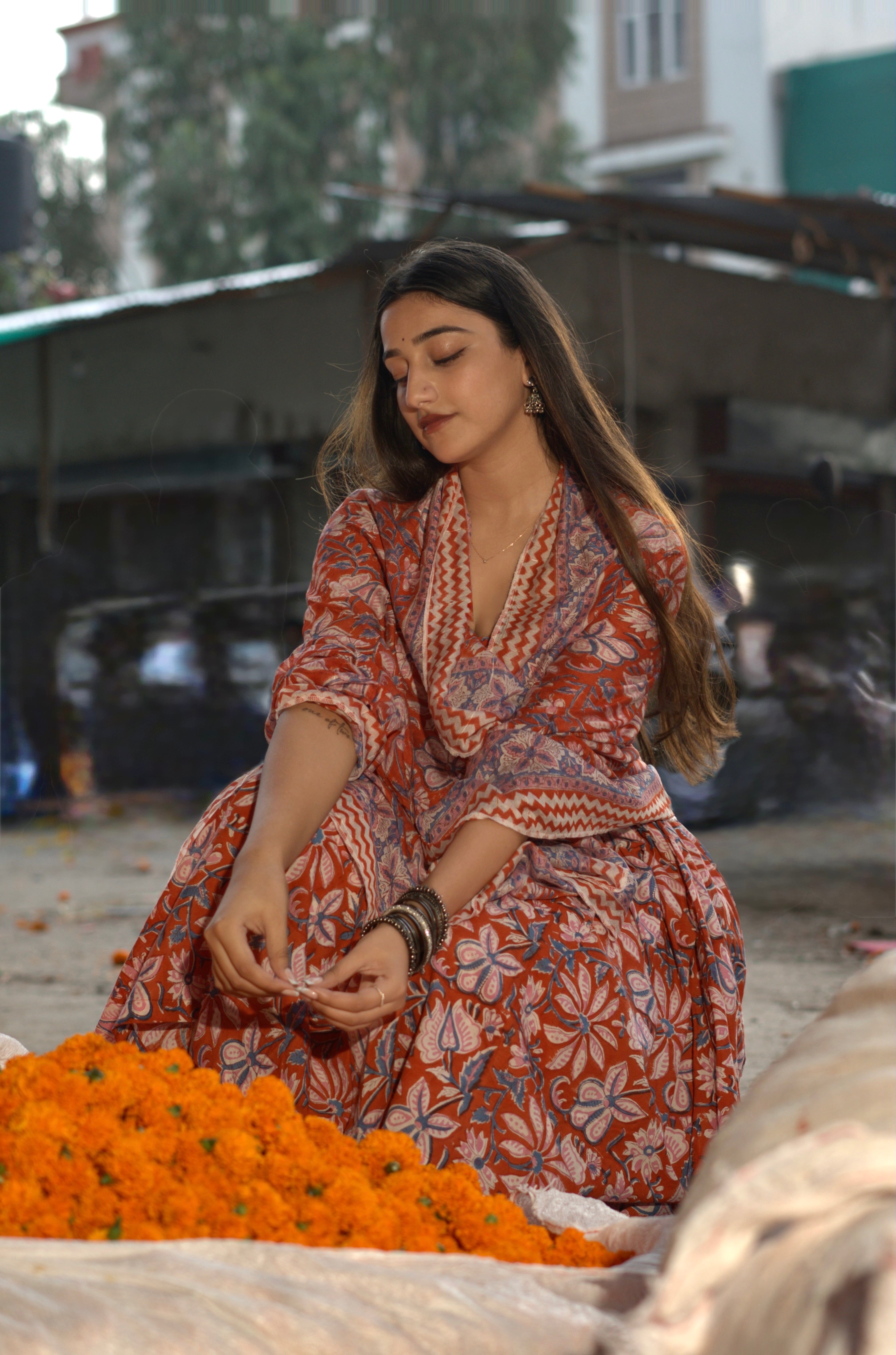 Orange Rapid Jaal Cotton Anarkali Sharara Set