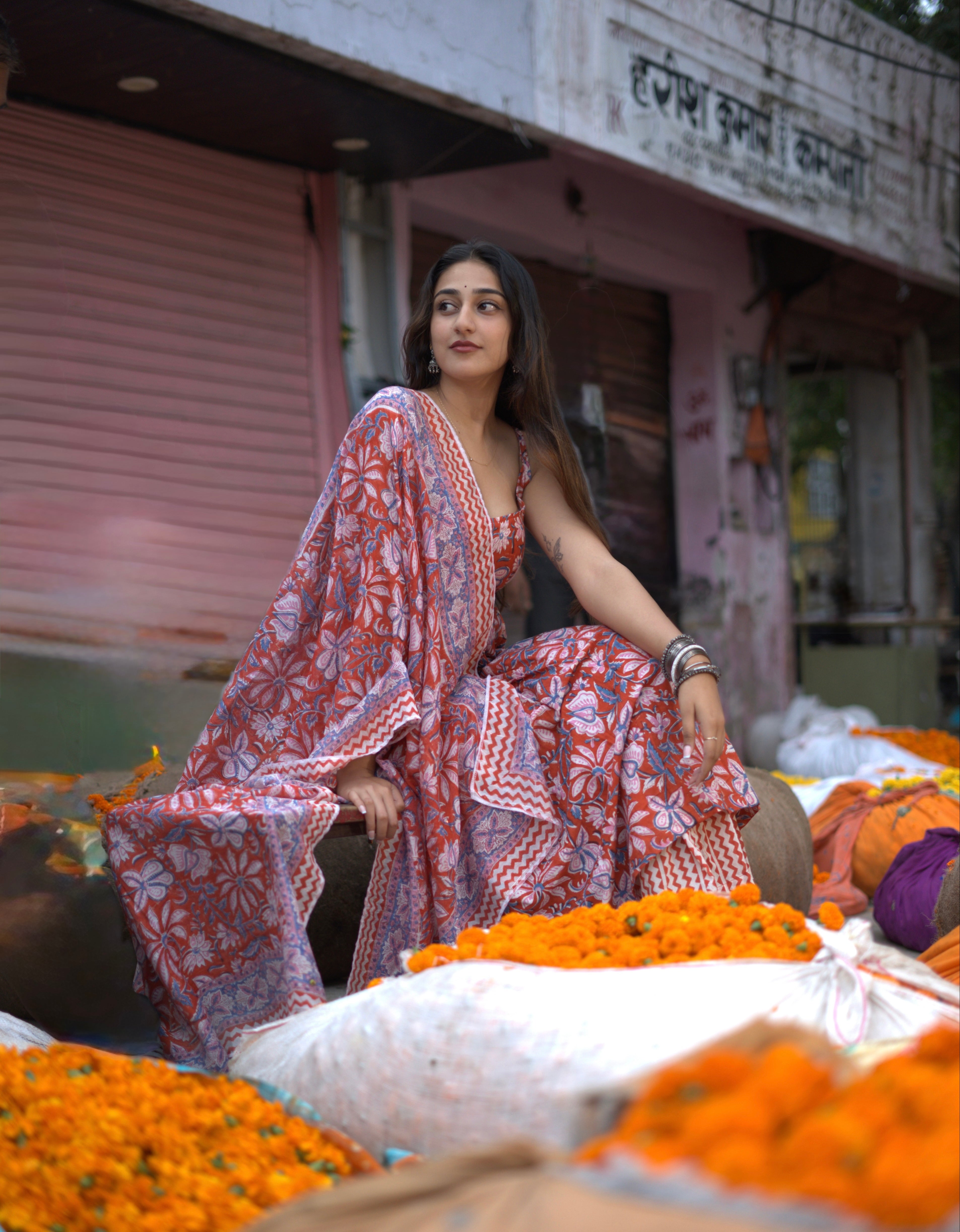 Orange Rapid Jaal Cotton Anarkali Sharara Set