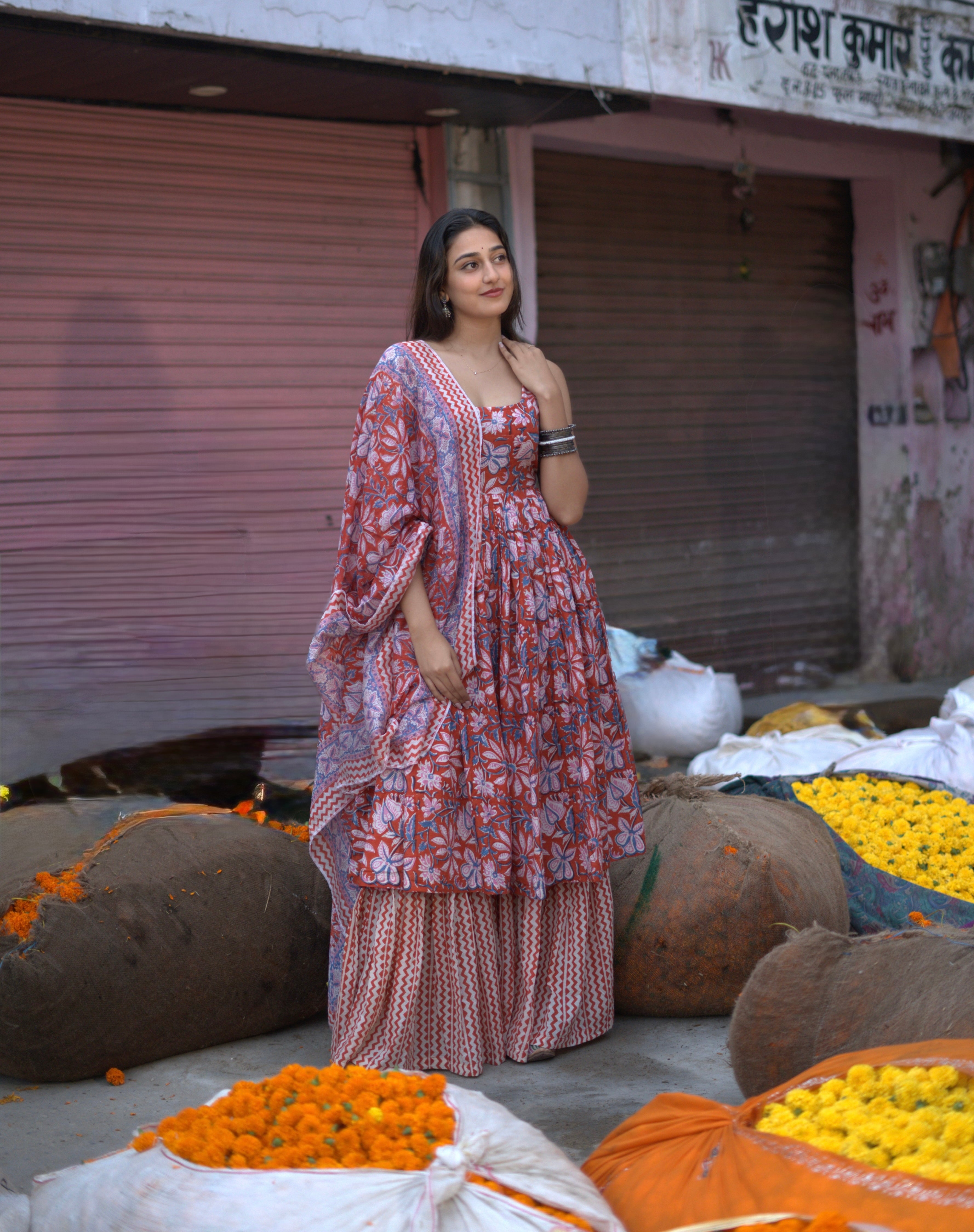 Orange Rapid Jaal Cotton Anarkali Sharara Set