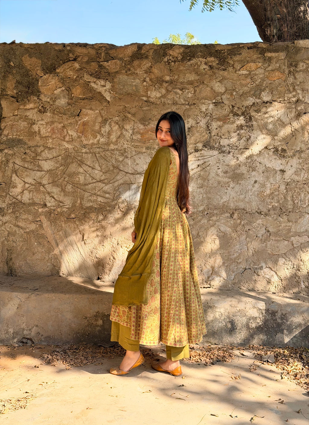 Mehendi Ajrakh Butti Anarkali Suit Set