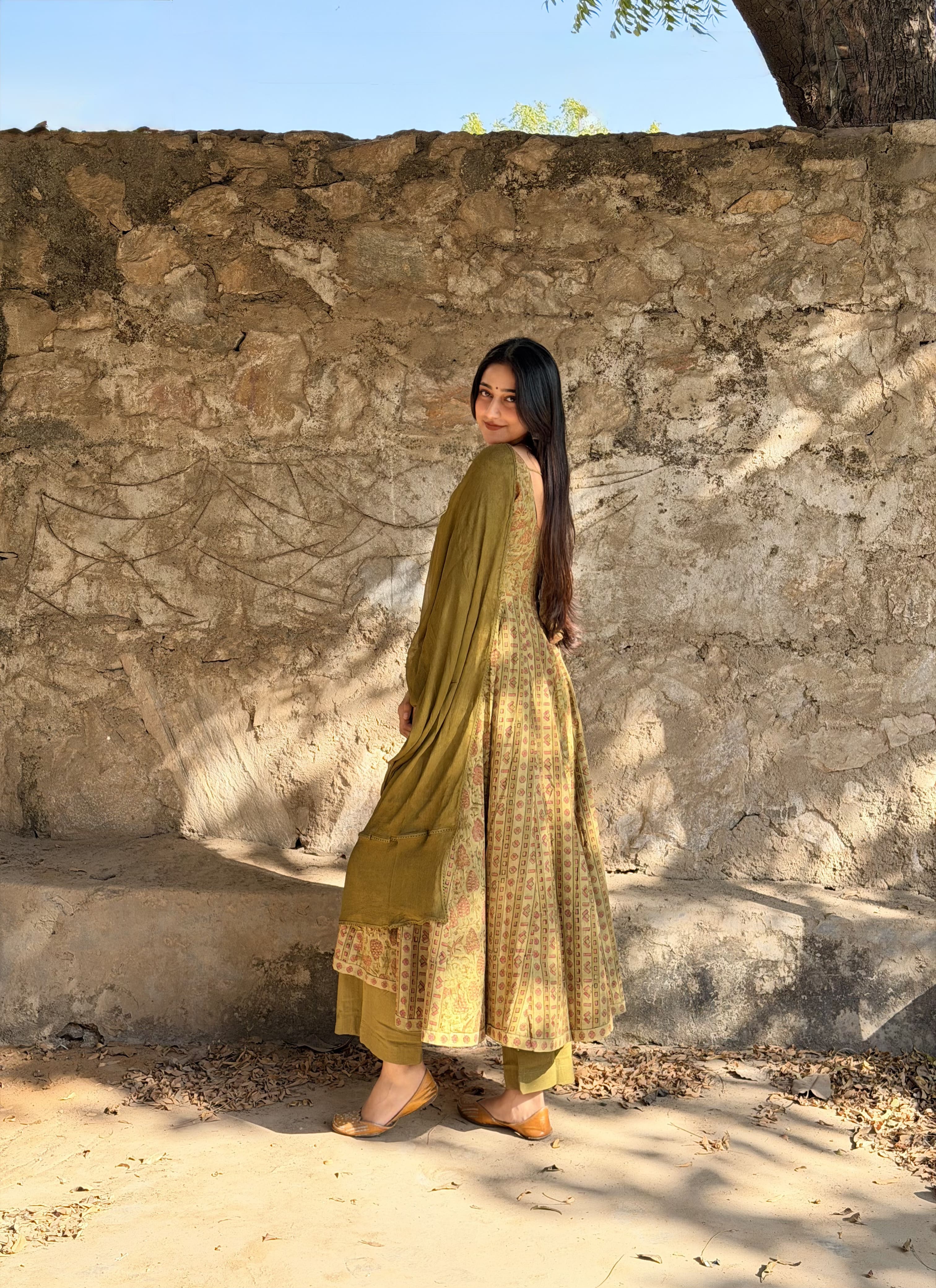 Mehendi Ajrakh Butti Anarkali Suit Set