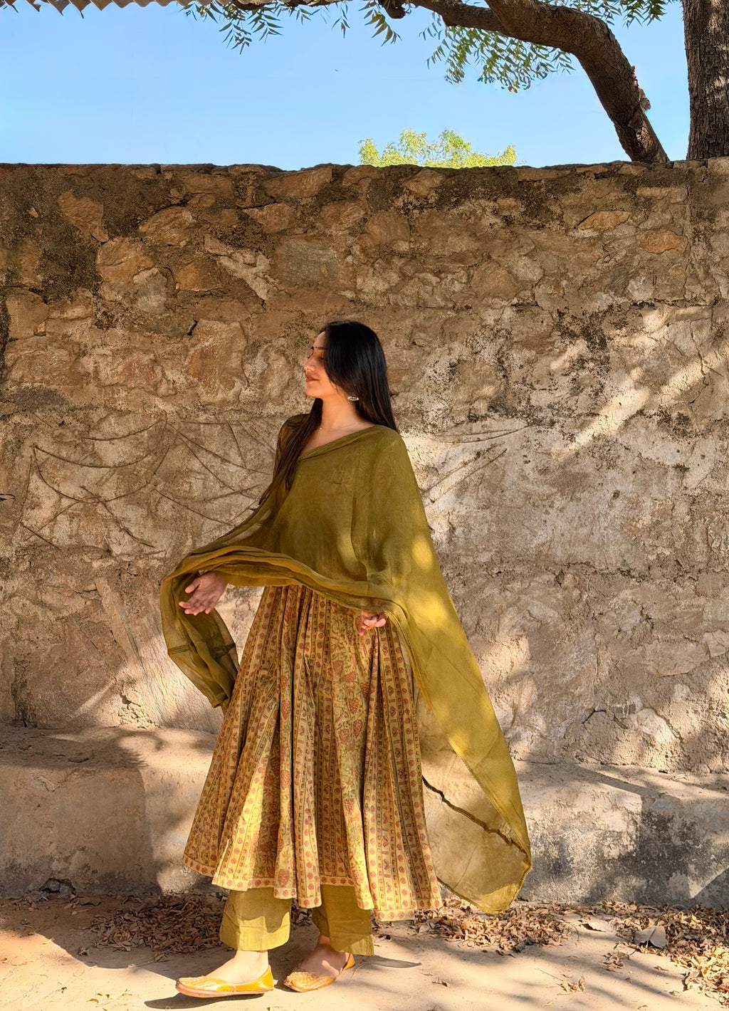 Mehendi Ajrakh Butti Anarkali Suit Set