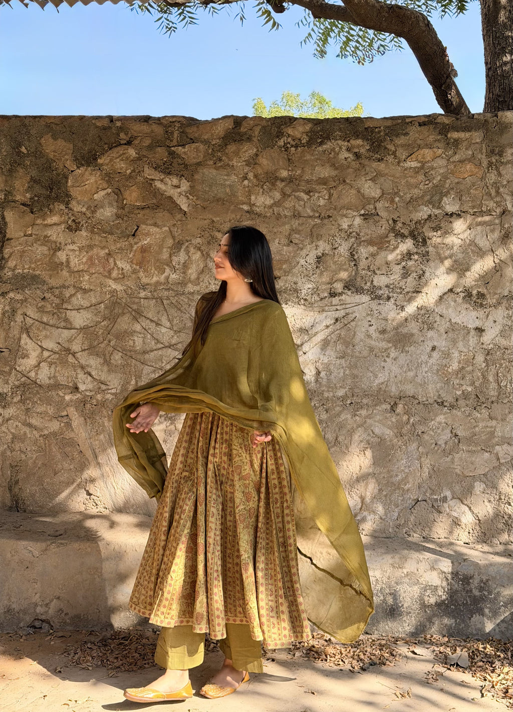 Mehendi Ajrakh Butti Anarkali Suit Set