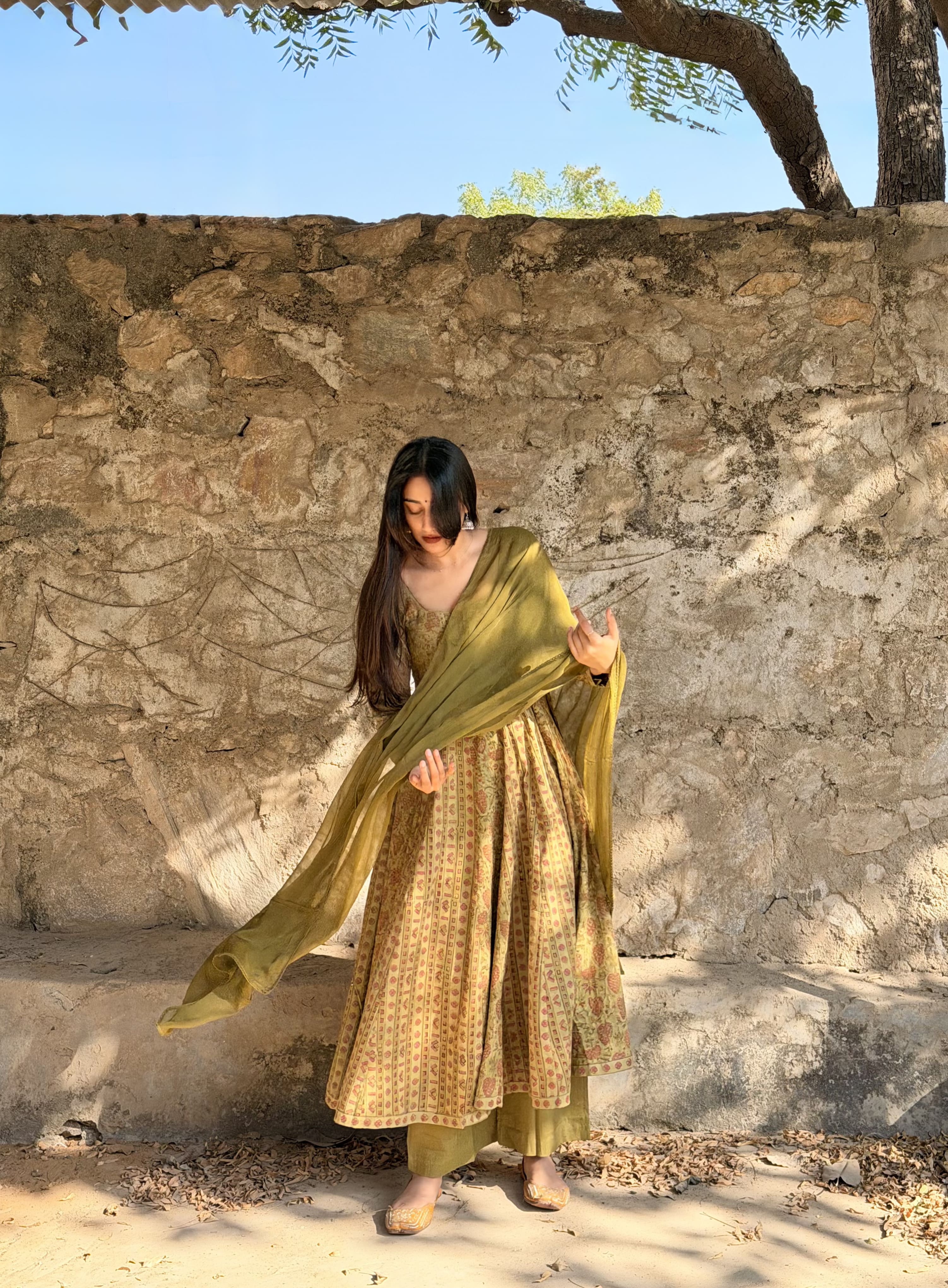 Mehendi Ajrakh Butti Anarkali Suit Set