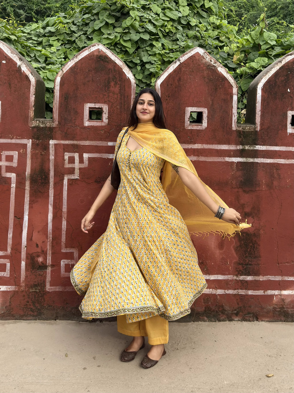 Yellow Rapid Buti Cotton Anarkali Set