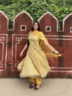 Yellow Rapid Buti Cotton Anarkali Set