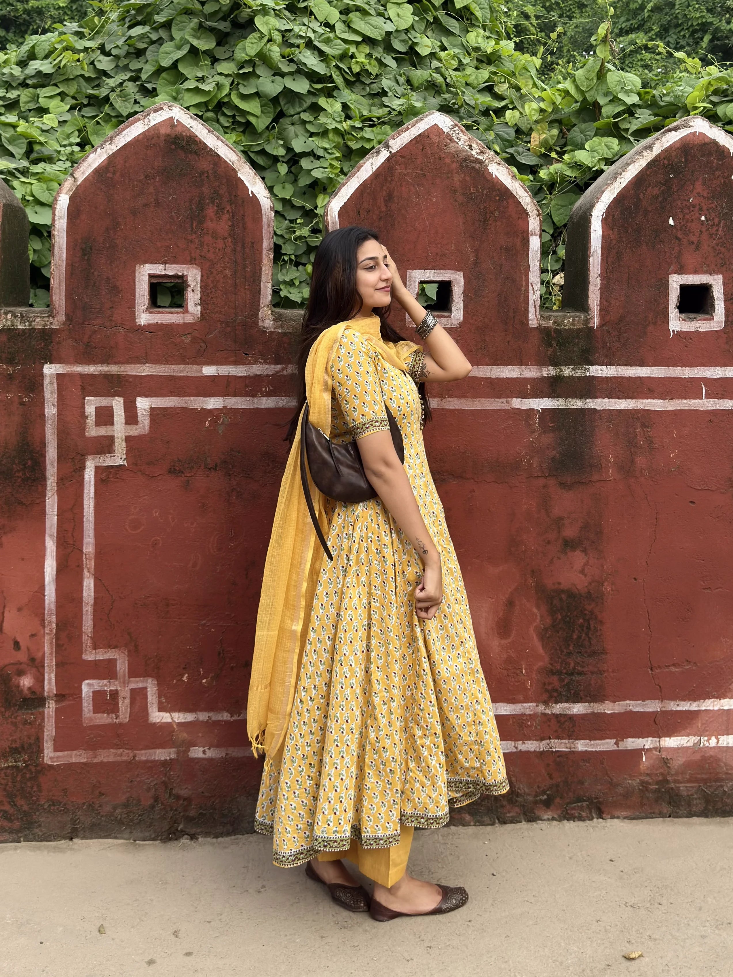 Yellow Rapid Buti Cotton Anarkali Set