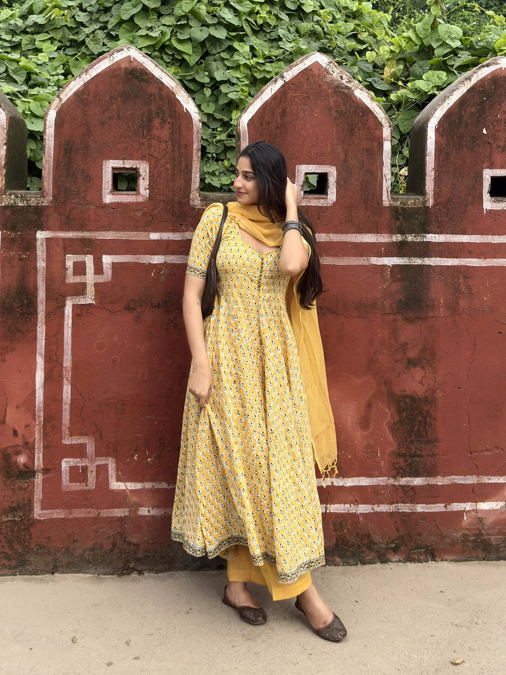 Yellow Rapid Buti Cotton Anarkali Set