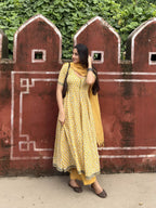 Yellow Rapid Buti Cotton Anarkali Set