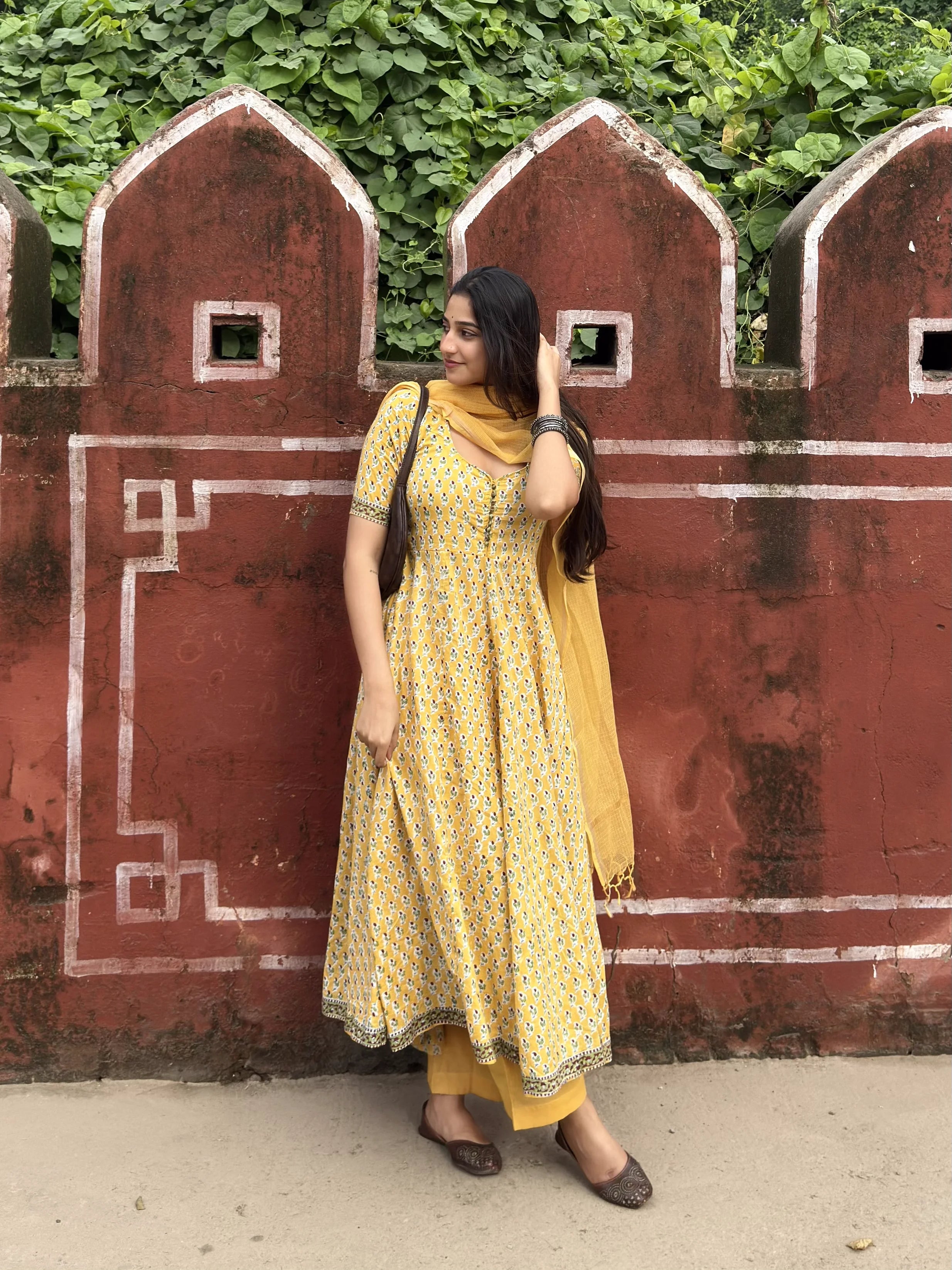 Yellow Rapid Buti Cotton Anarkali Set