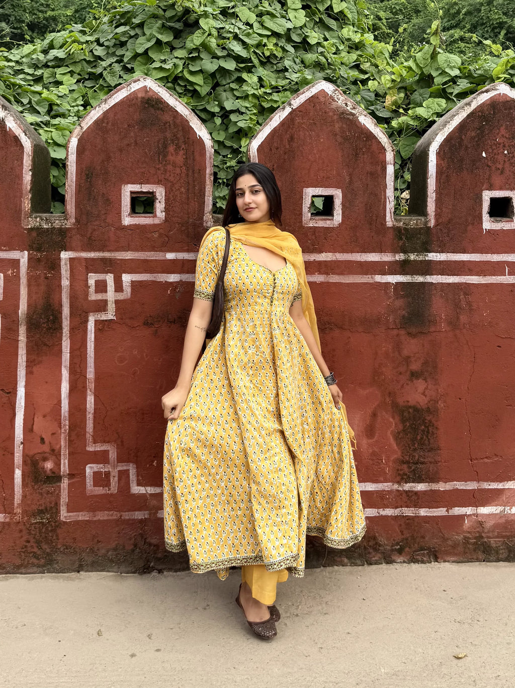 Yellow Rapid Buti Cotton Anarkali Set