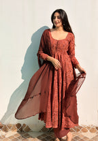 Rustic Red Ajrakh Butti Anarkali Suit Set