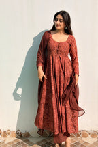 Rustic Red Ajrakh Butti Anarkali Suit Set