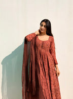 Rustic Red Ajrakh Butti Anarkali Suit Set