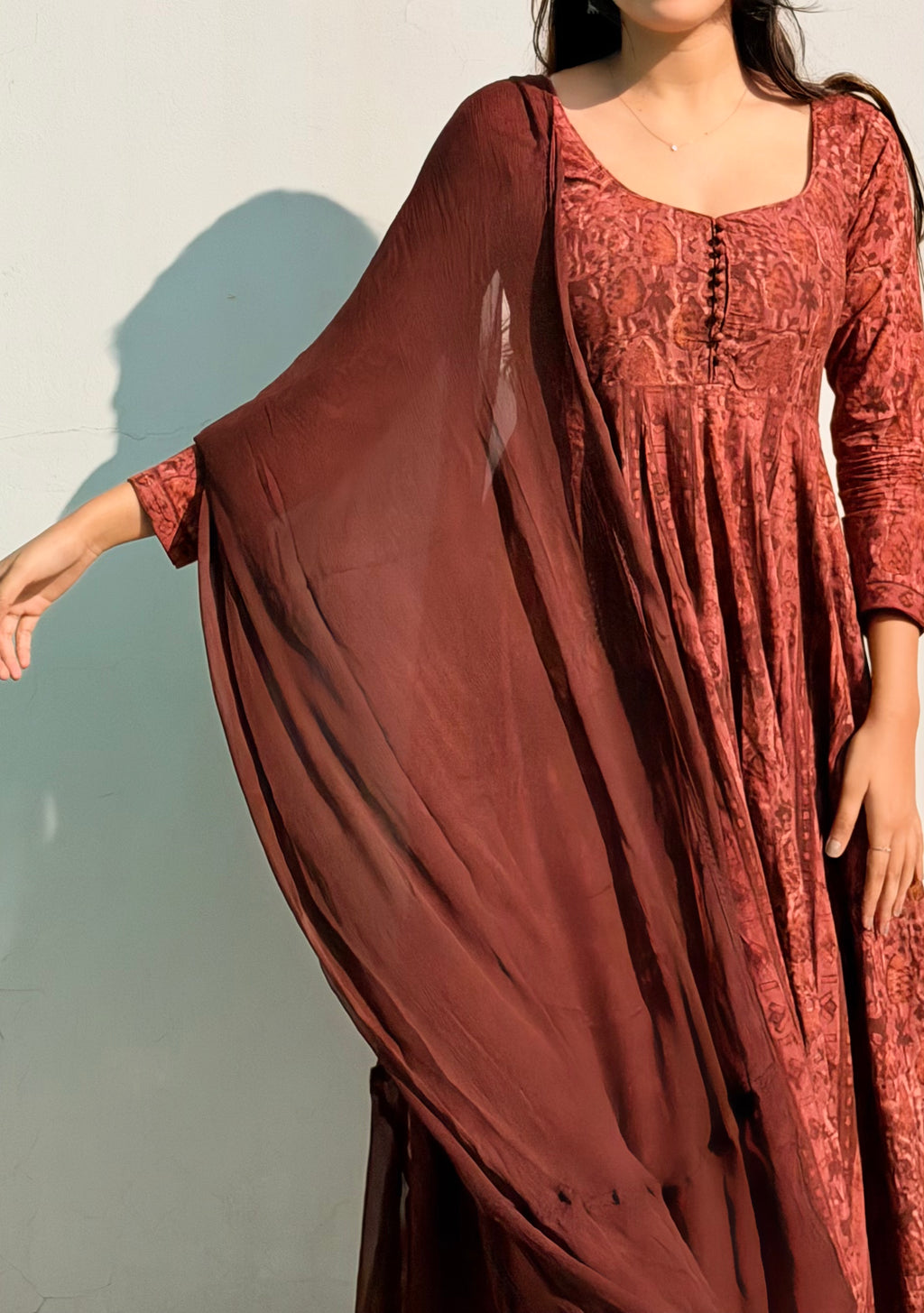 Rustic Red Ajrakh Butti Anarkali Suit Set