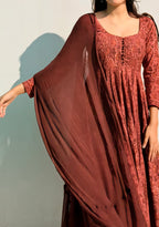 Rustic Red Ajrakh Butti Anarkali Suit Set