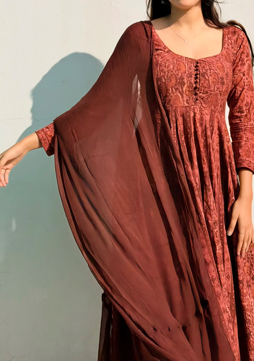 Rustic Red Ajrakh Butti Anarkali Suit Set
