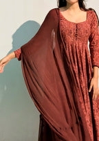 Rustic Red Ajrakh Butti Anarkali Suit Set