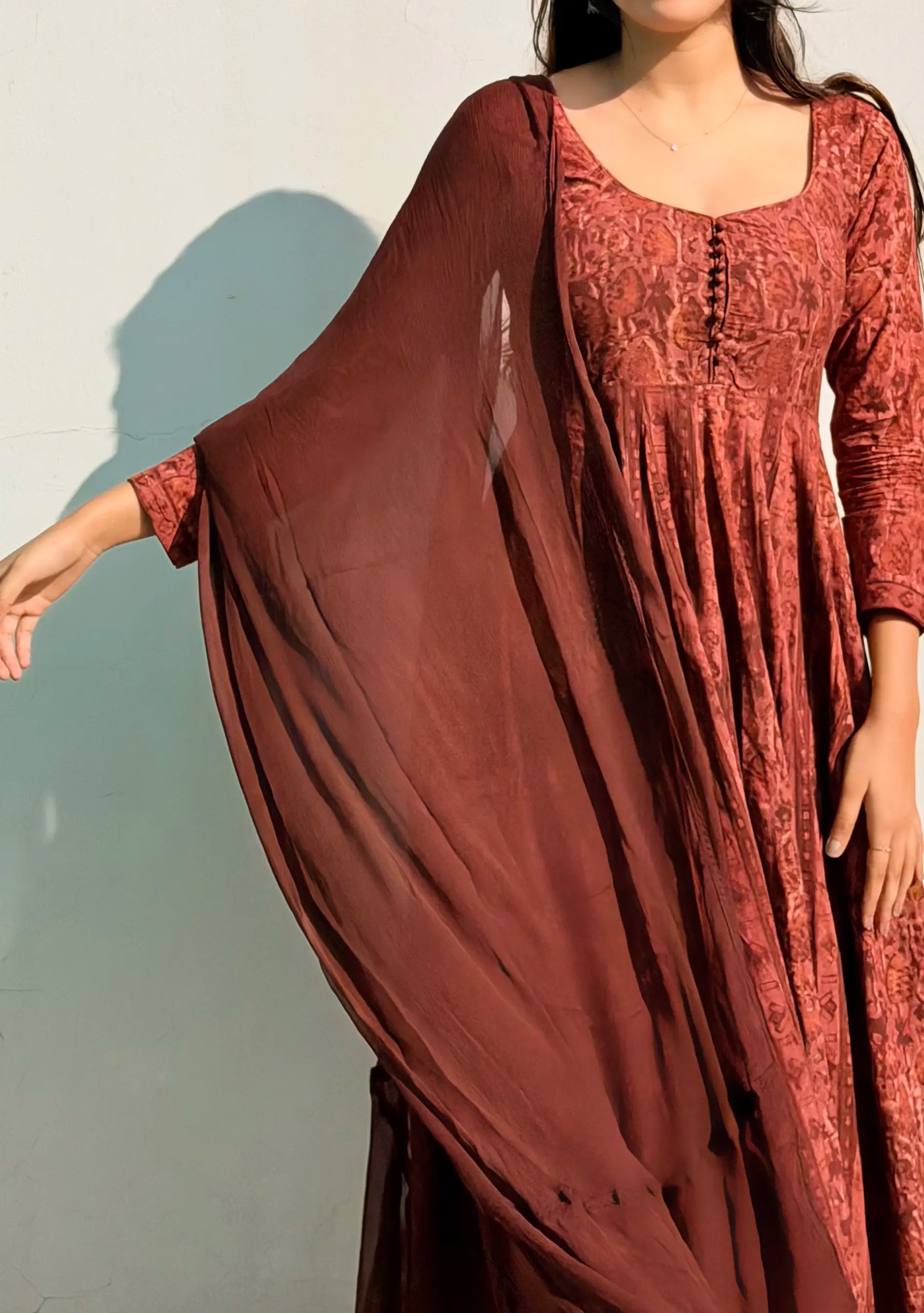 Rustic Red Ajrakh Butti Anarkali Suit Set