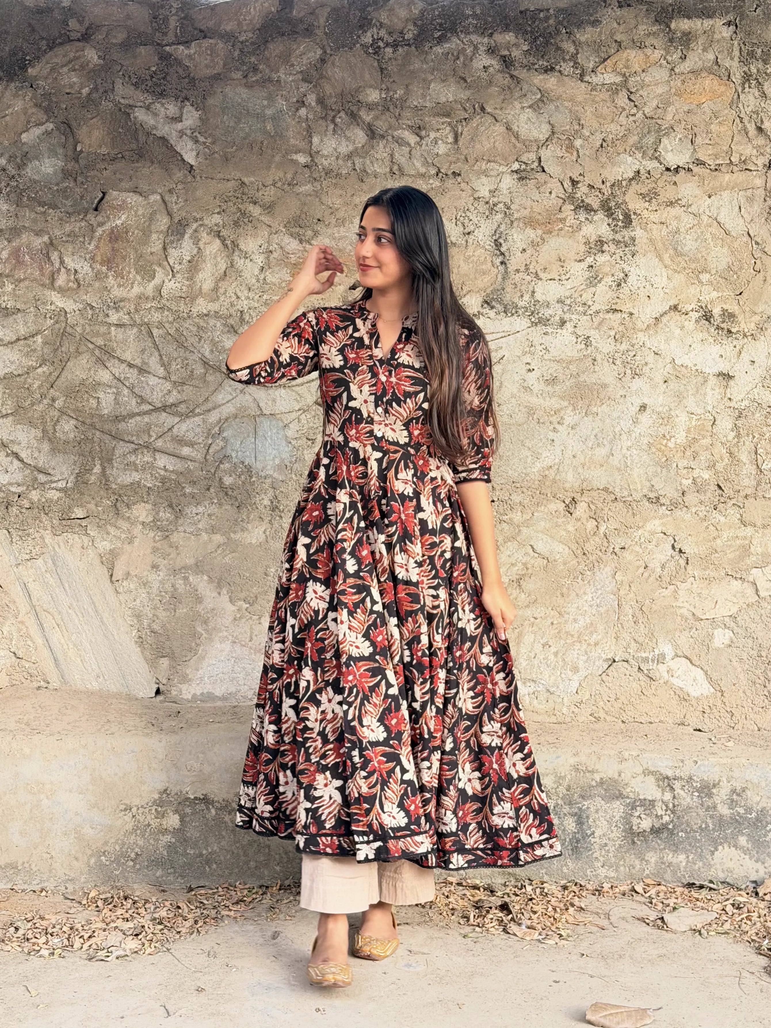 Black Kalamkari Cotton Anarkali Suit Set