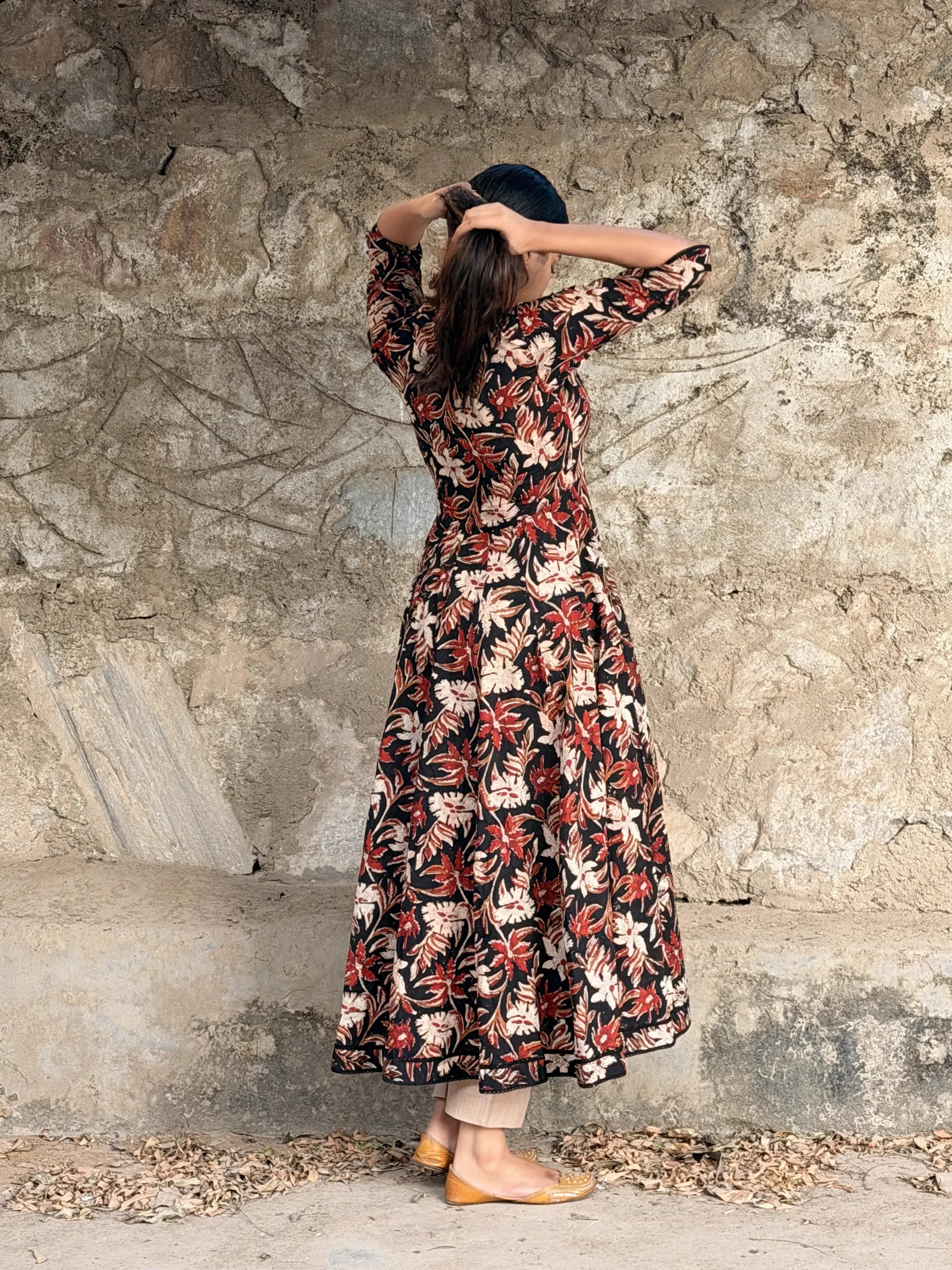 Black Kalamkari Cotton Anarkali Suit Set