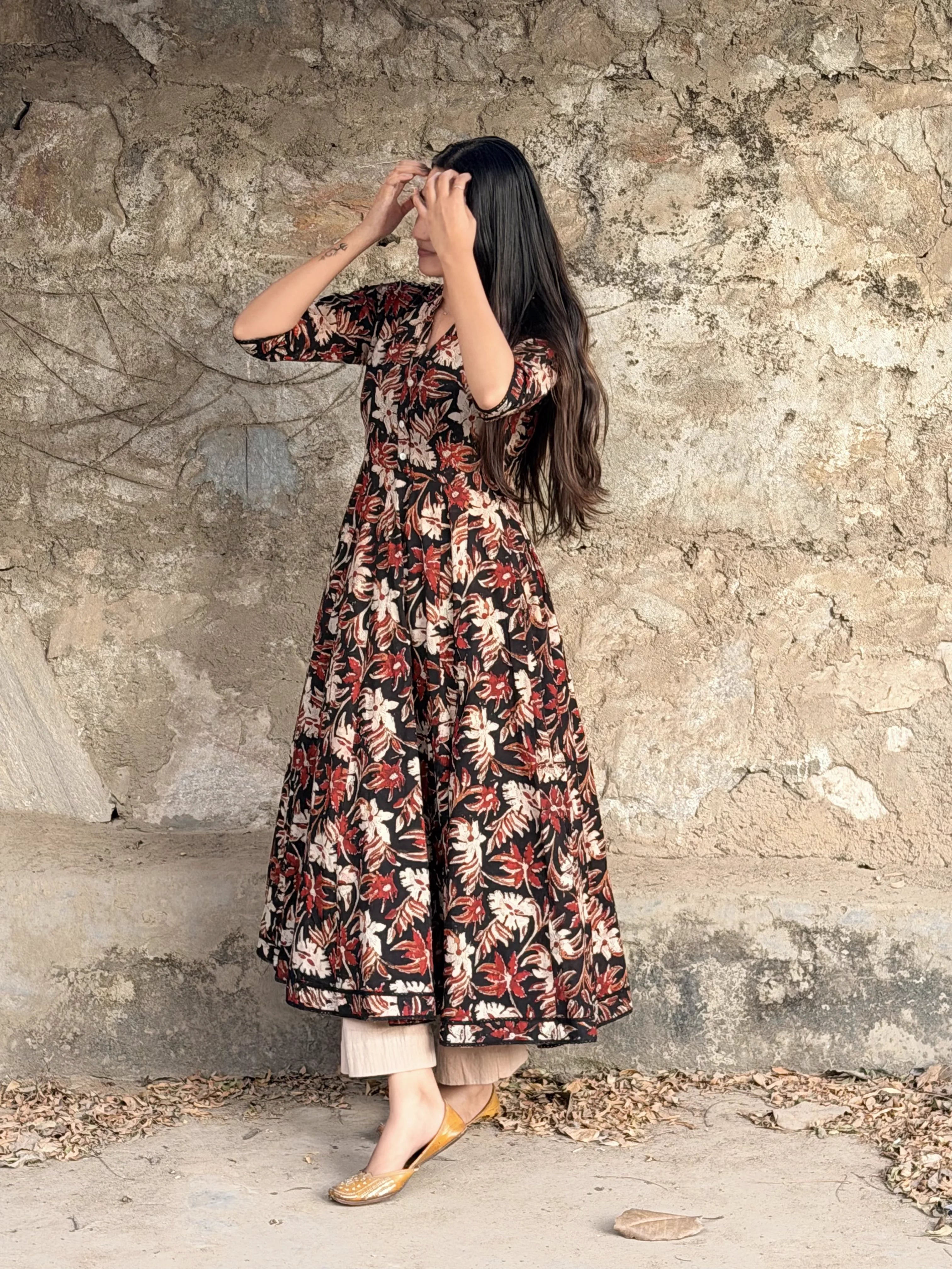 Black Kalamkari Cotton Anarkali Suit Set