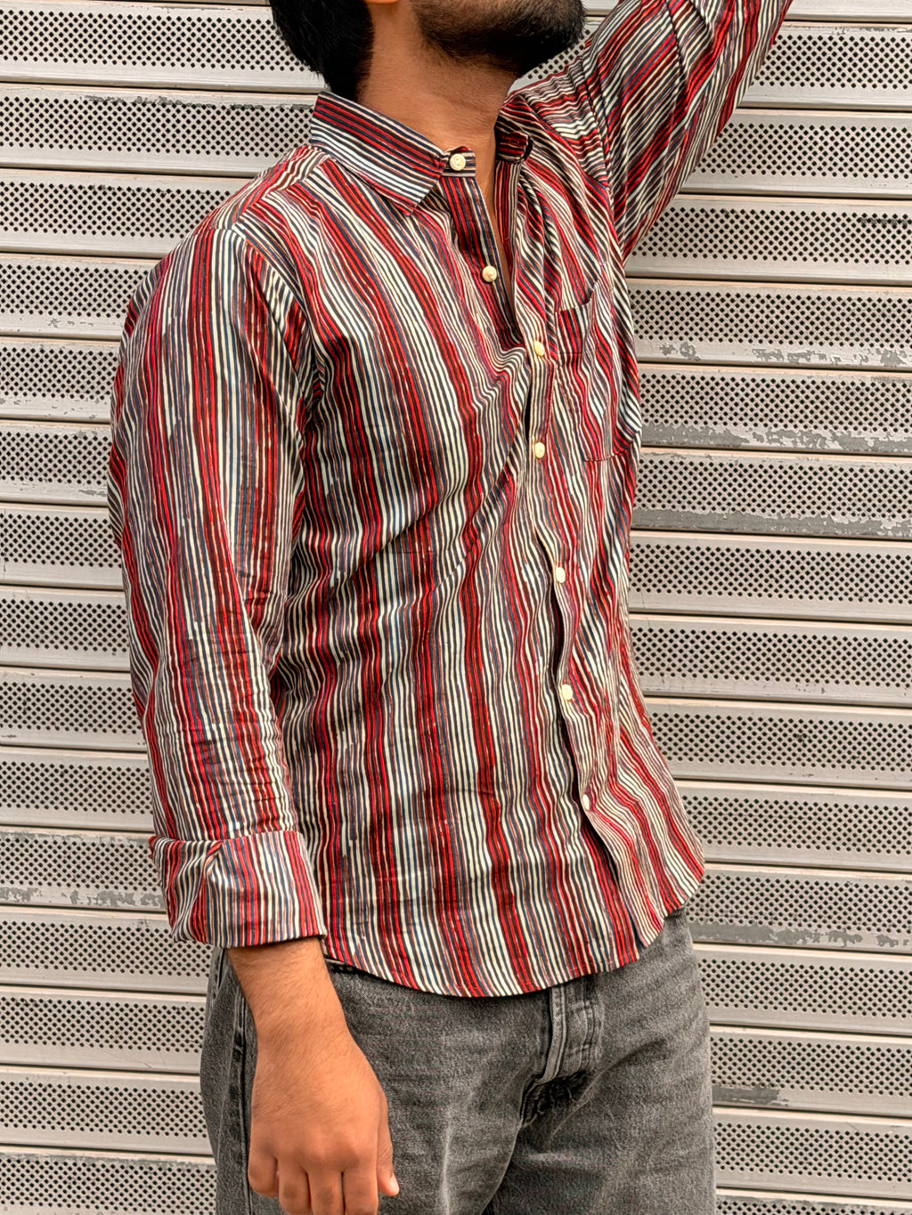 Red Striped Full Sleeves Cotton Shirt