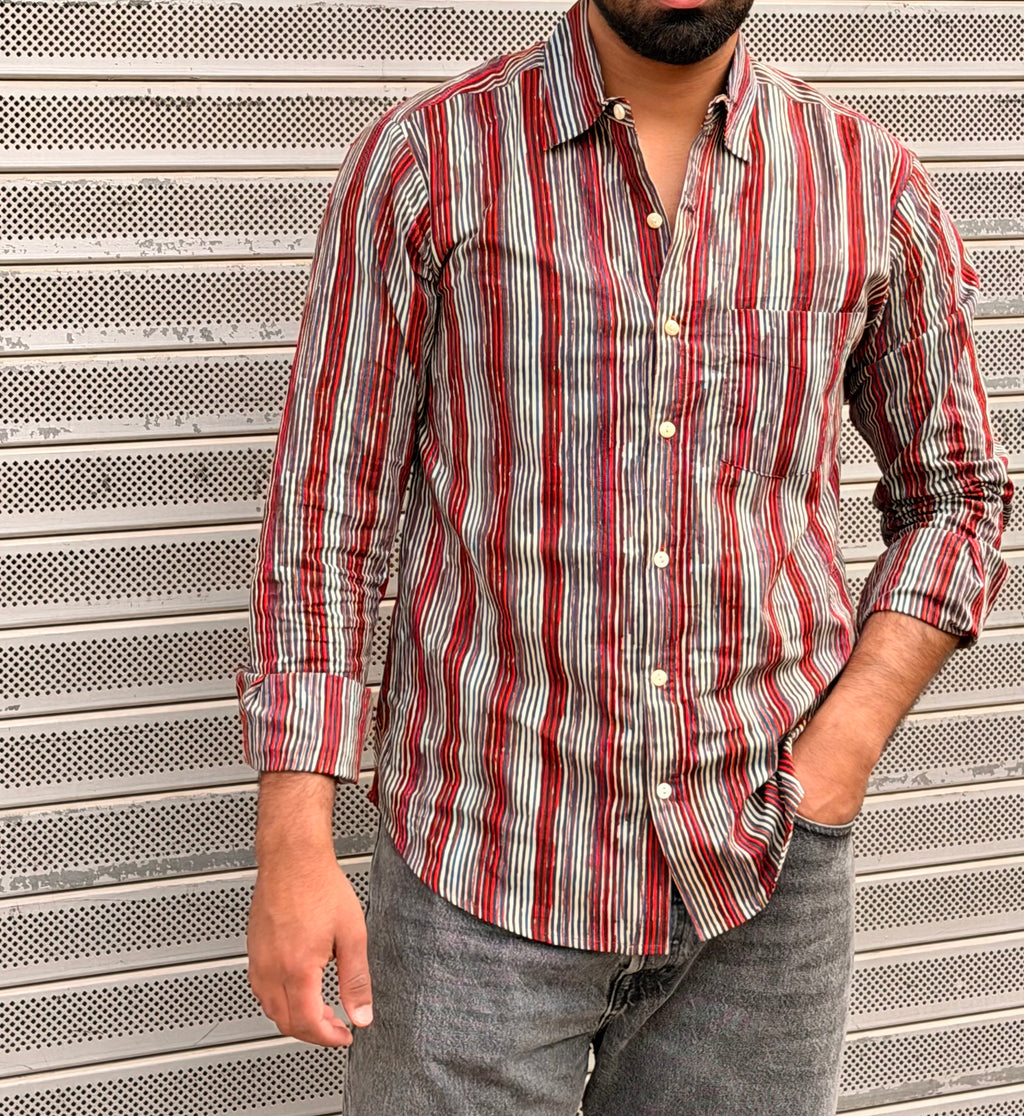 Red Striped Full Sleeves Cotton Shirt