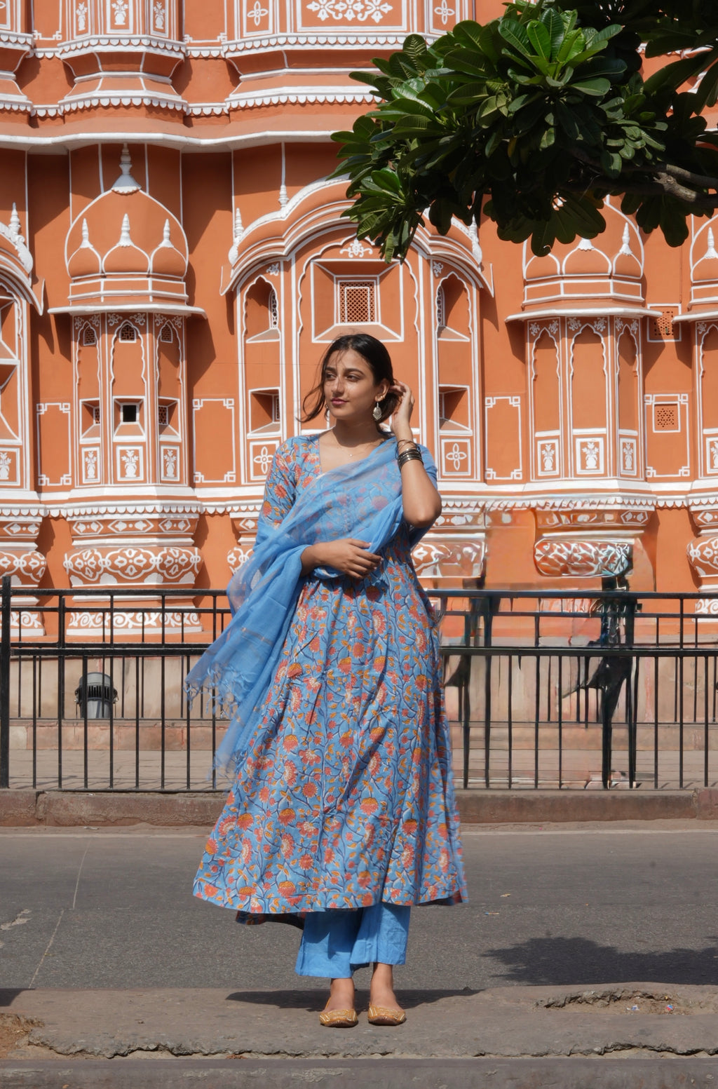 Light Blue Rapid Jaal Cotton Anarkali Set