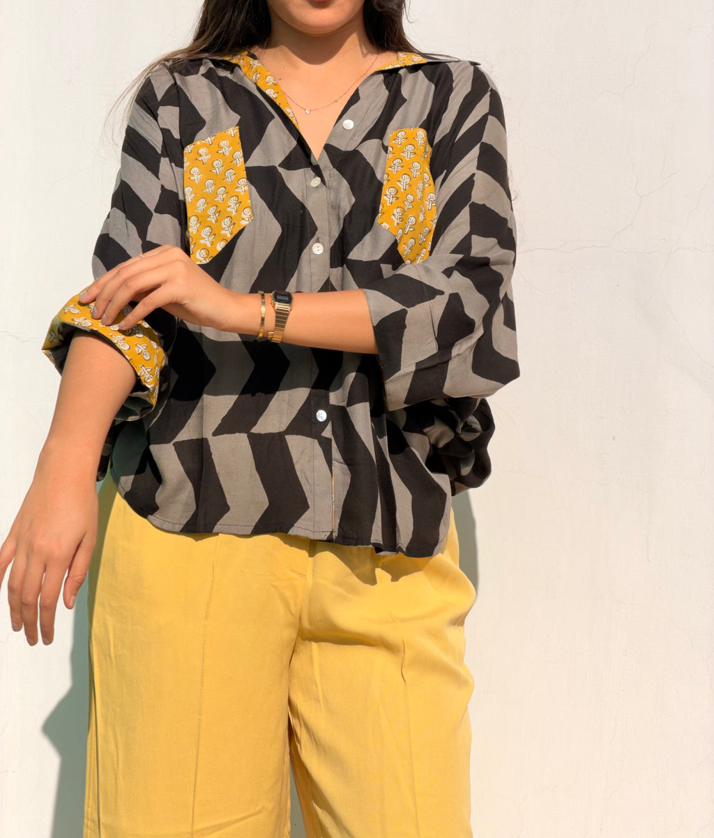 Grey Kalamkari Buti Luxe Crepe Cotton Kaftan Shirt