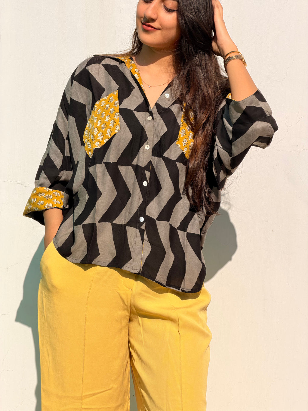 Grey Kalamkari Buti Luxe Crepe Cotton Kaftan Shirt
