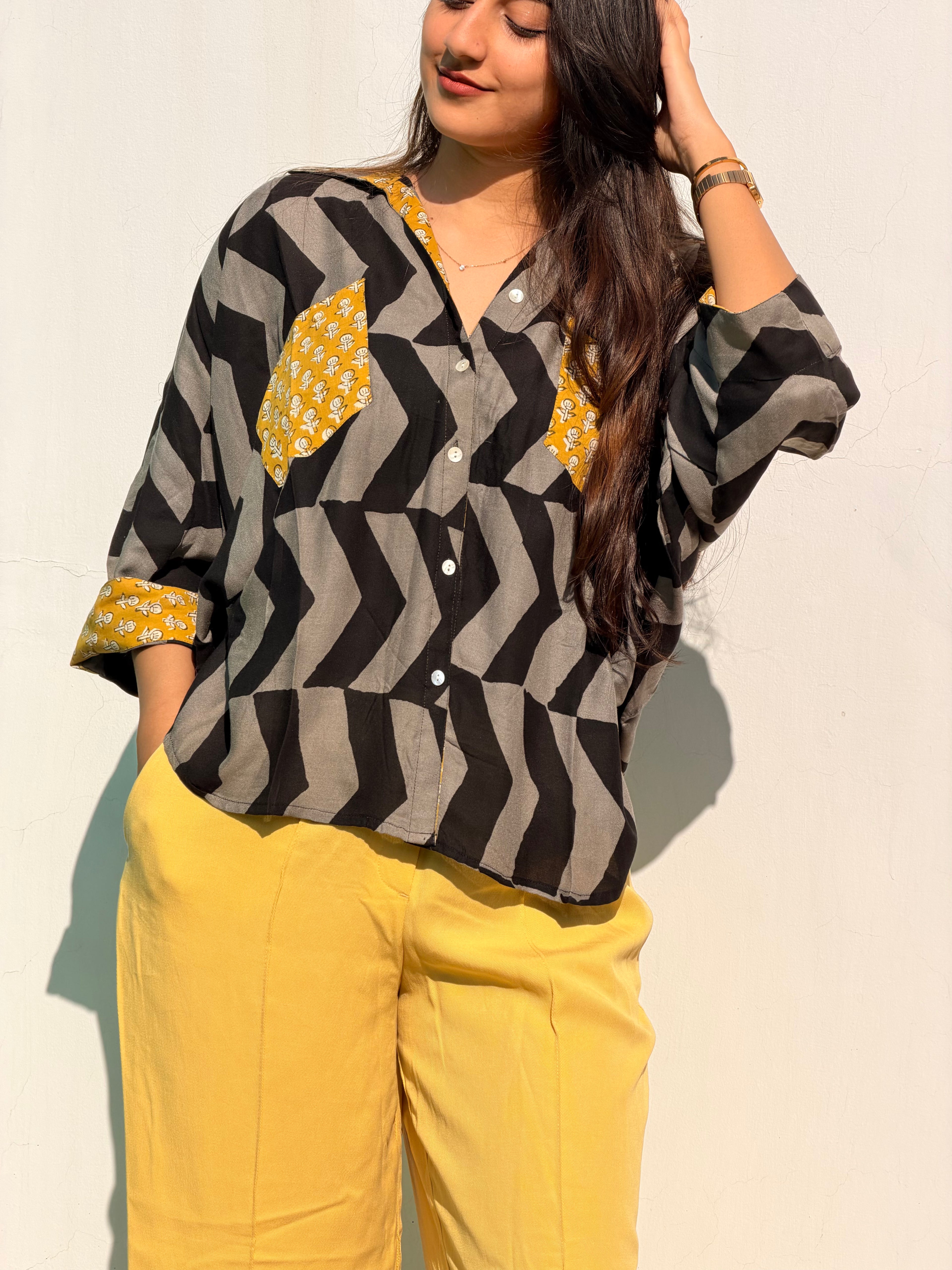 Grey Kalamkari Buti Luxe Crepe Cotton Kaftan Shirt