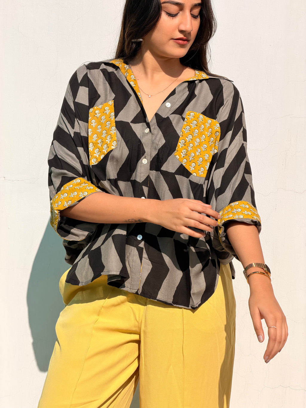 Grey Kalamkari Buti Luxe Crepe Cotton Kaftan Shirt