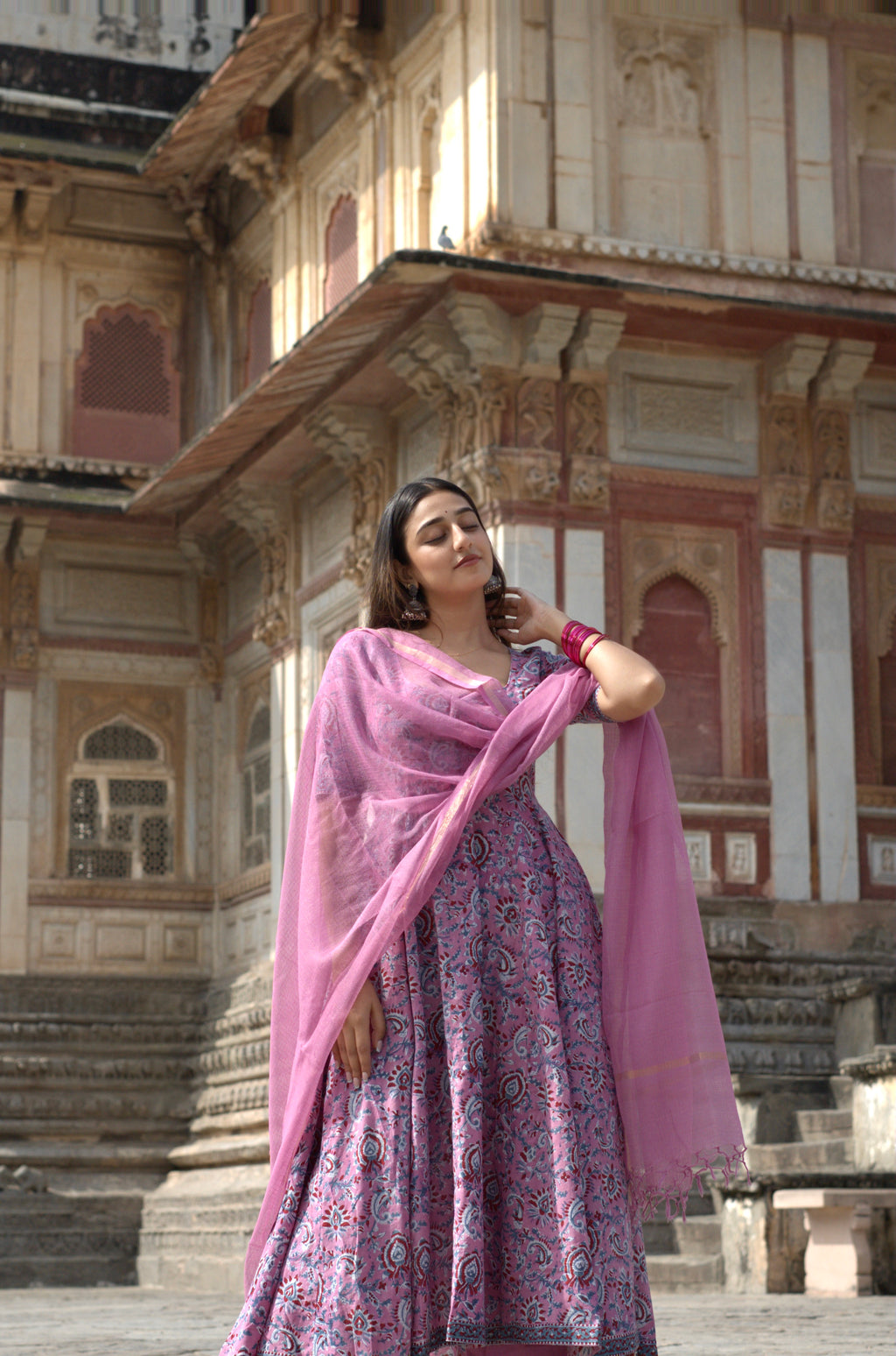 Pink Rapid Jaal Cotton Anarkali Set