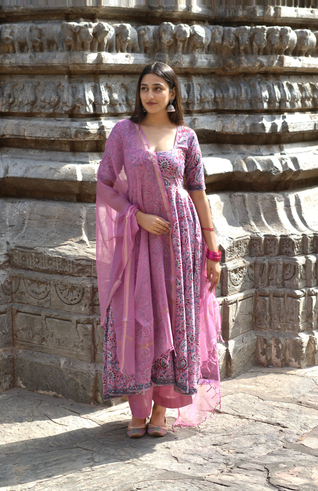 Pink Rapid Jaal Cotton Anarkali Set