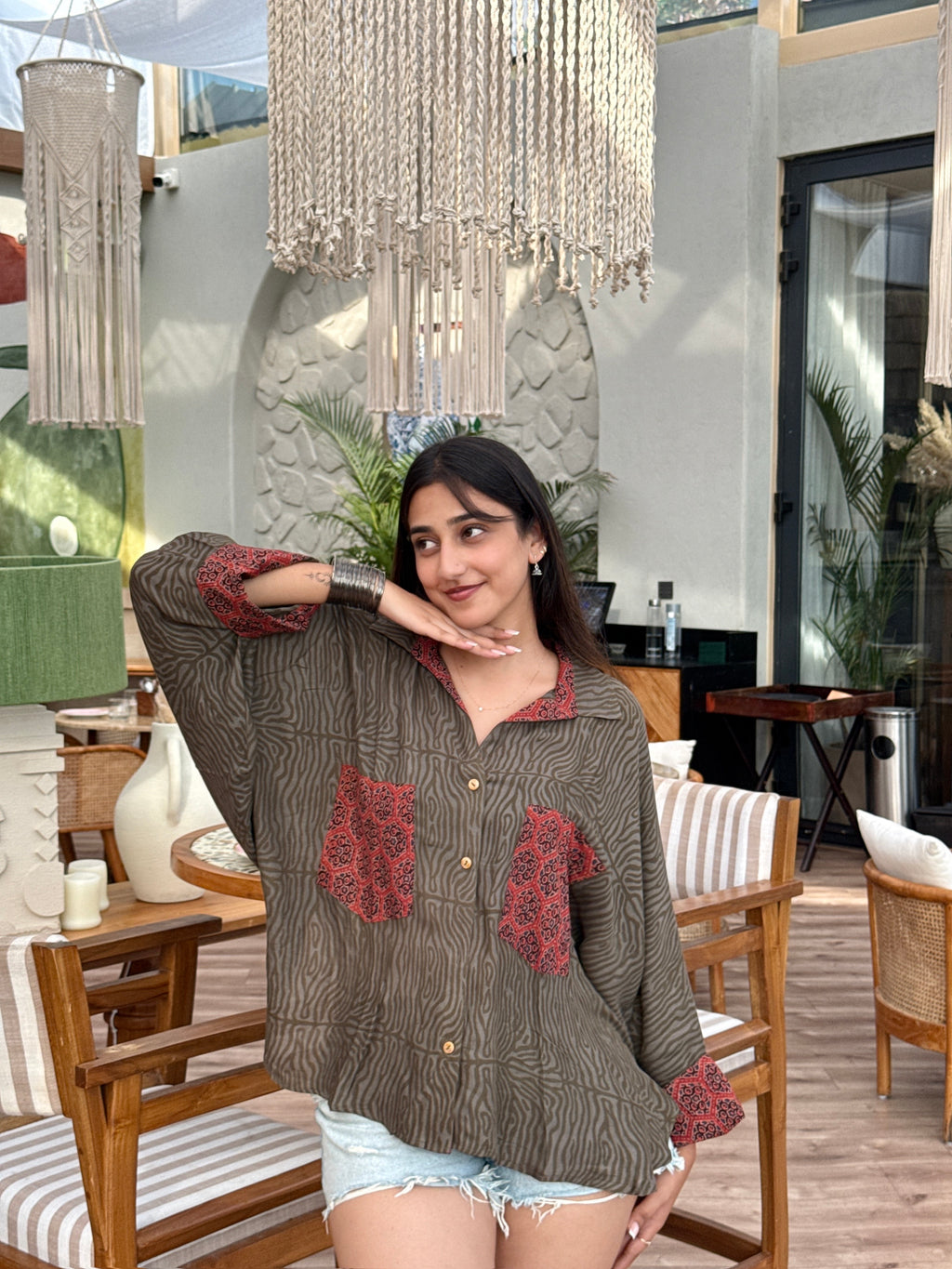 Olive Kalamkari Luxe Crepe Cotton Kaftan Shirt