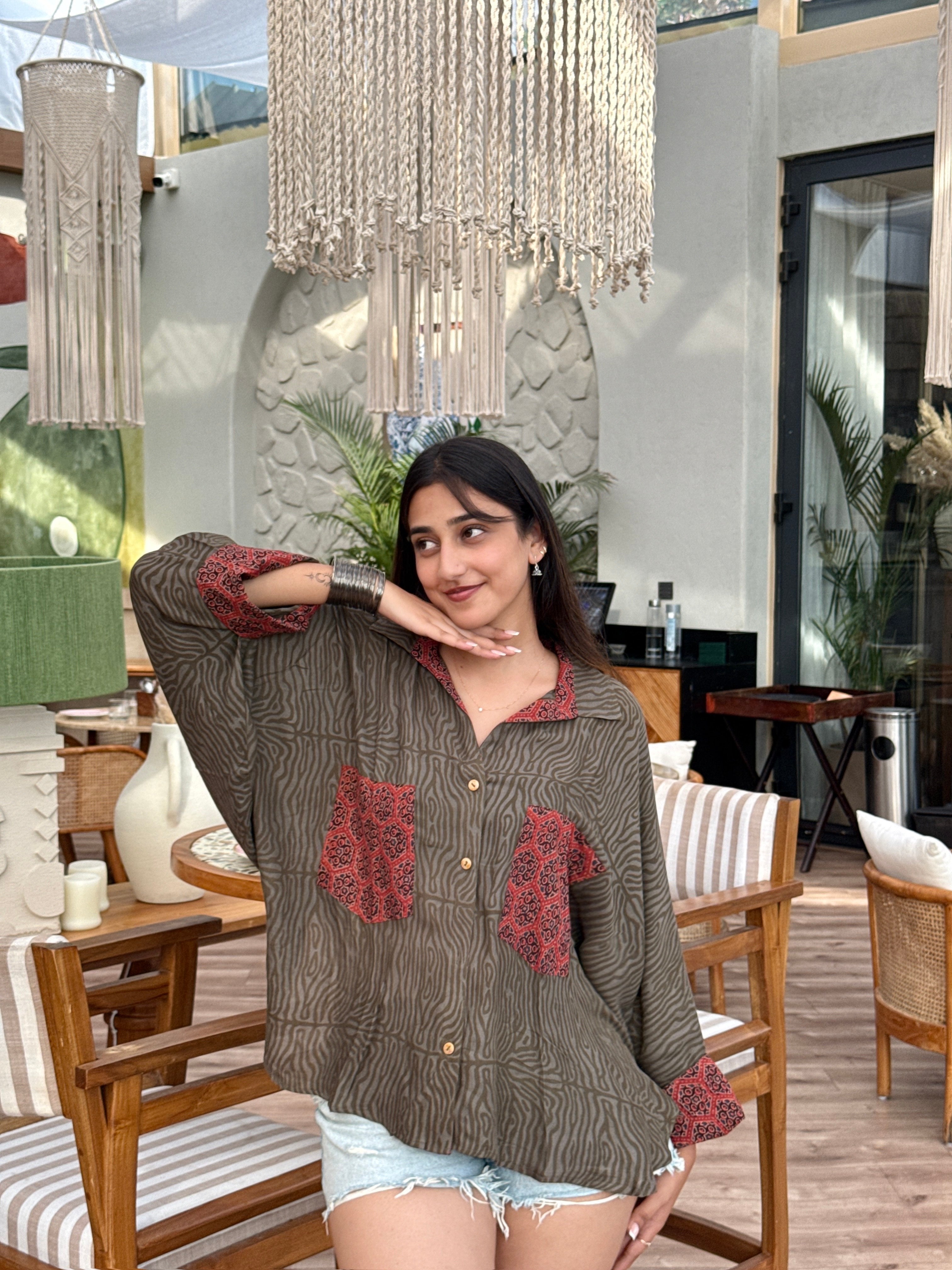 Olive Kalamkari Luxe Crepe Cotton Kaftan Shirt