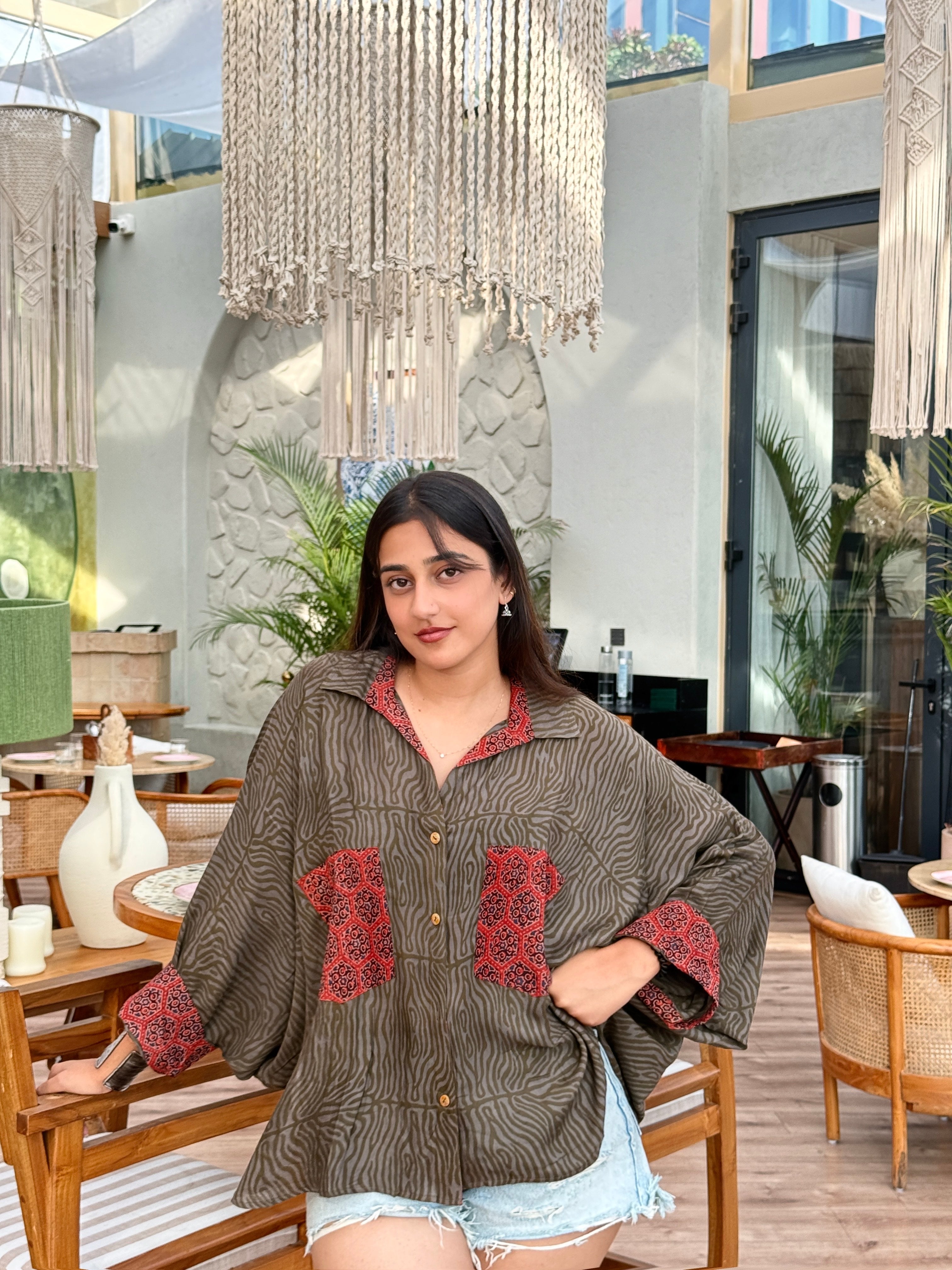 Olive Kalamkari Luxe Crepe Cotton Kaftan Shirt