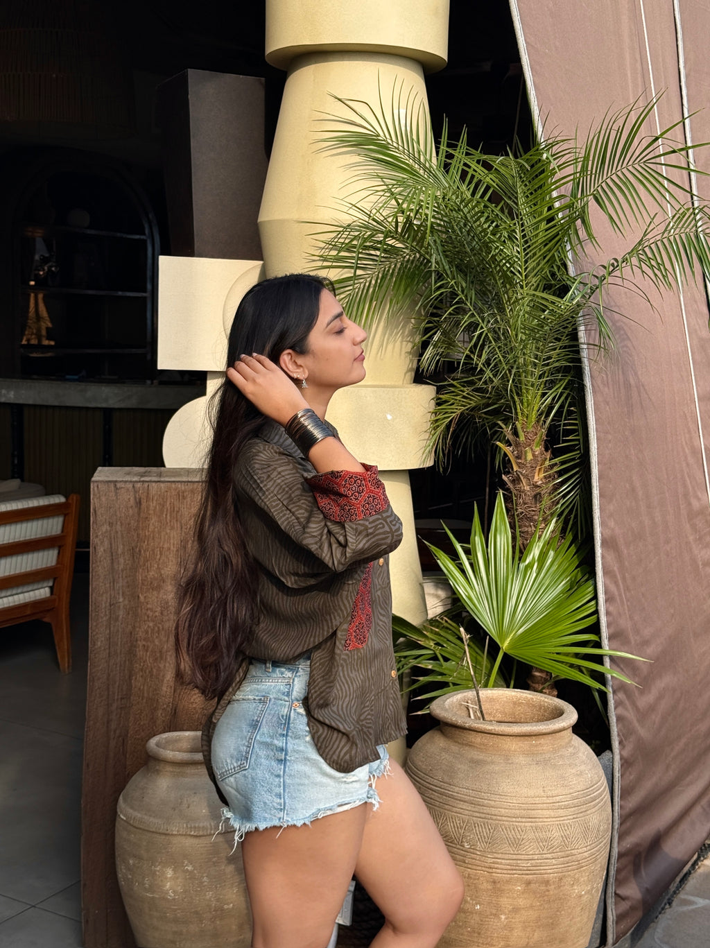 Olive Kalamkari Luxe Crepe Cotton Kaftan Shirt