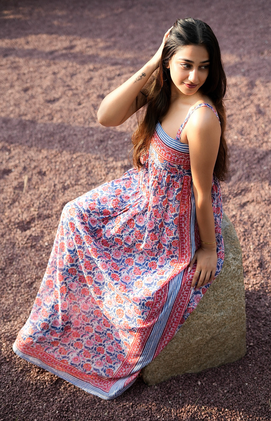 Peach Kalamkari Cotton Mulmul Maxi Dress