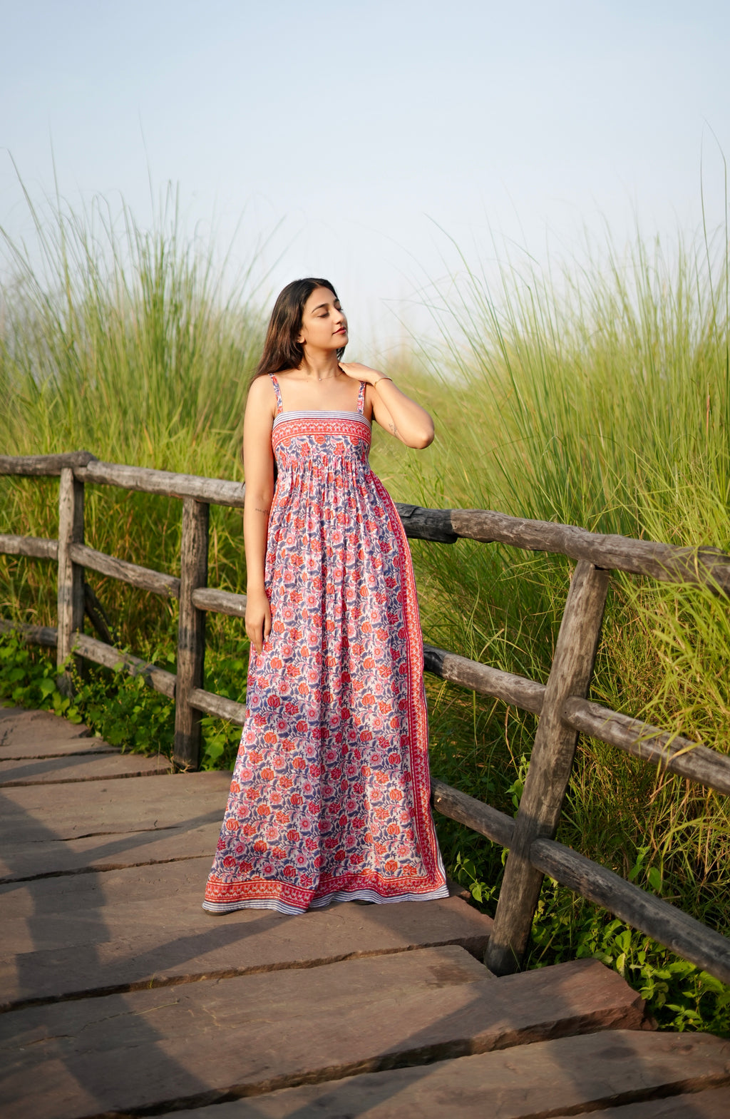 Peach Kalamkari Cotton Mulmul Maxi Dress