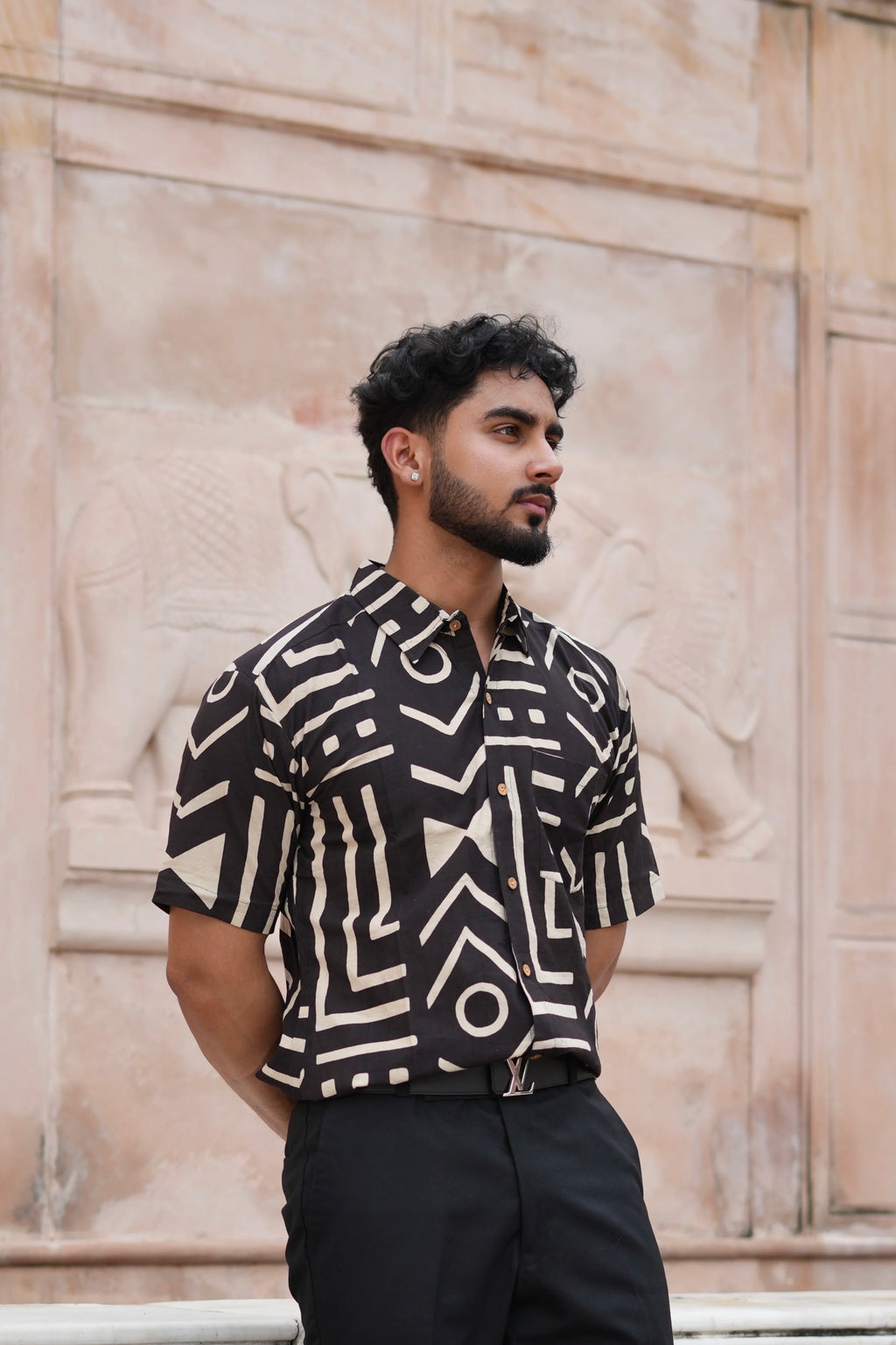 Black Geometric Kalamkari Cotton Shirt