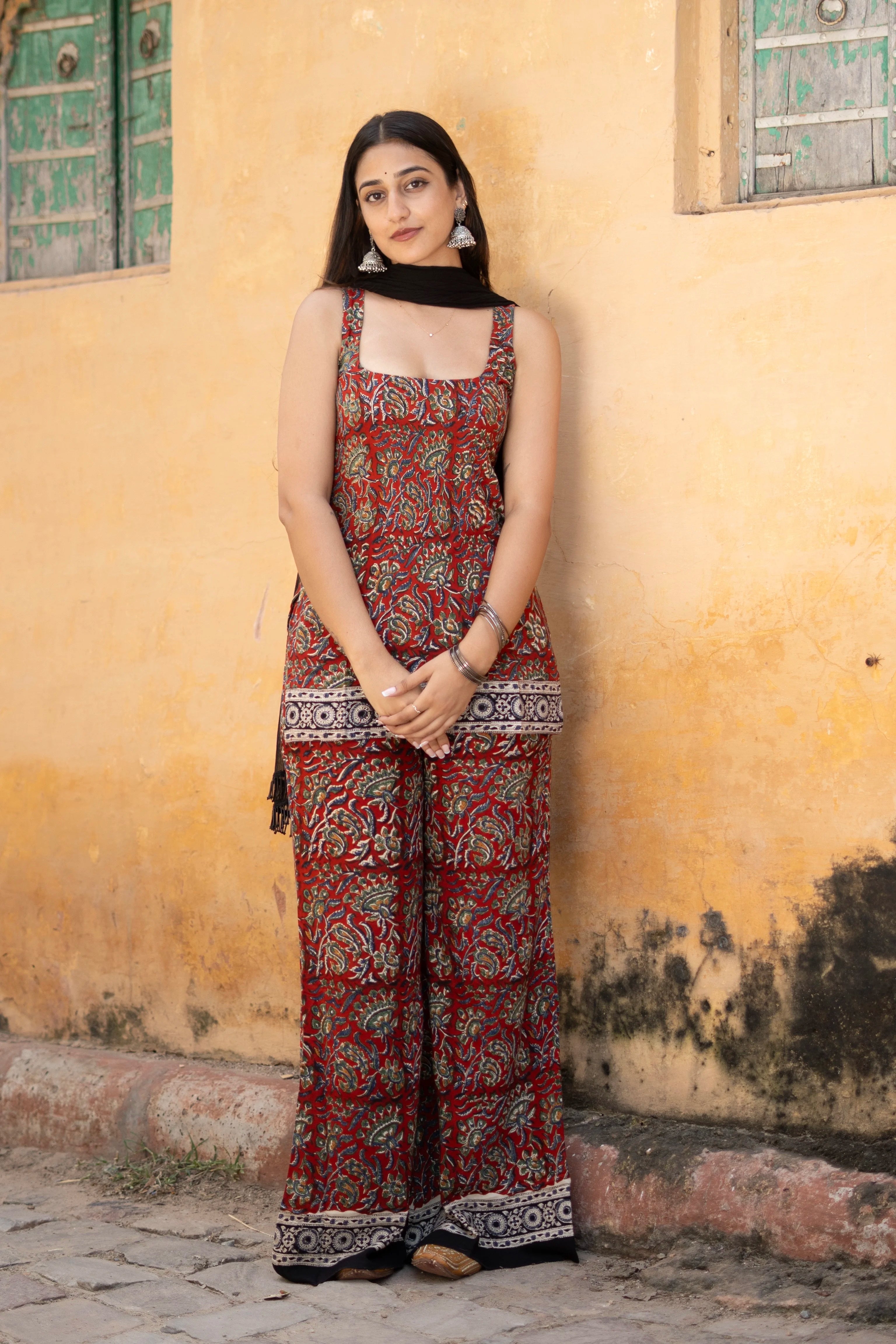 Red Rayon Kalamkari Jaal Sharara Set