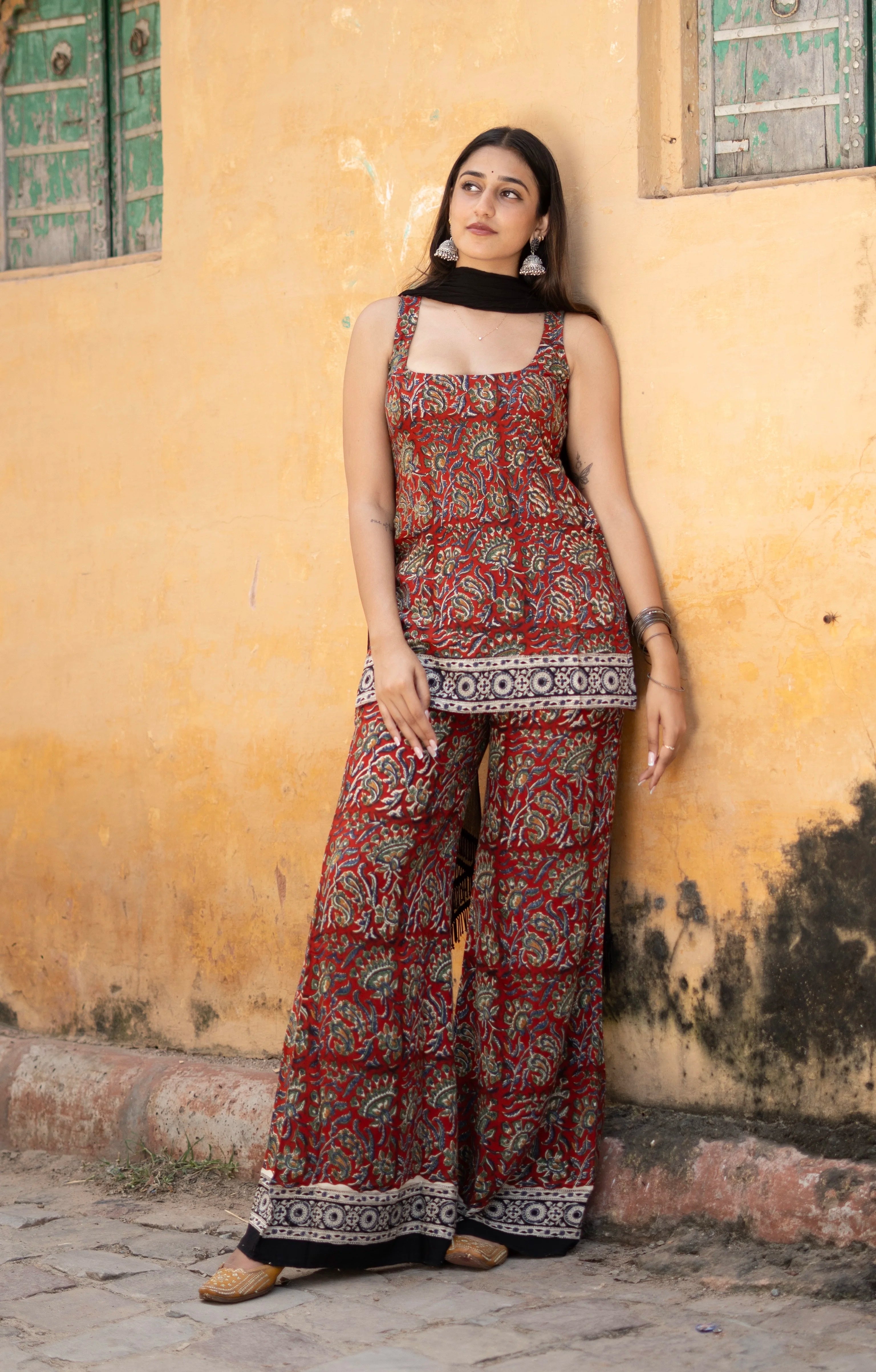 Red Rayon Kalamkari Jaal Sharara Set