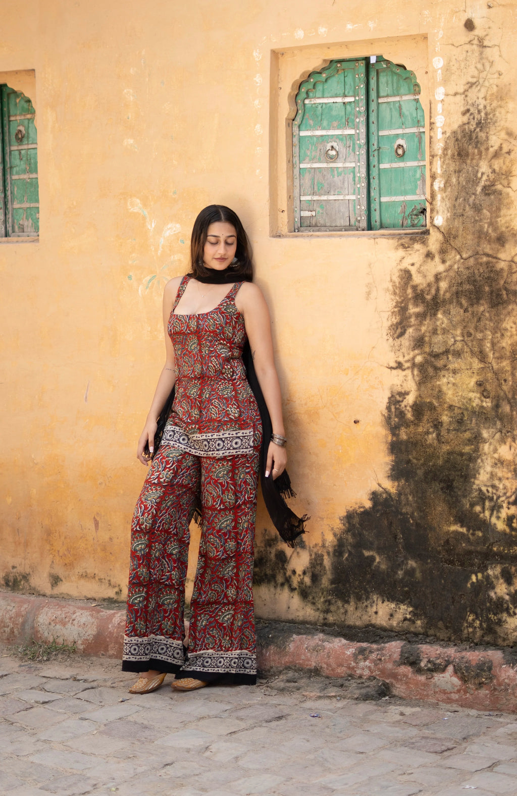 Red Rayon Kalamkari Jaal Sharara Set