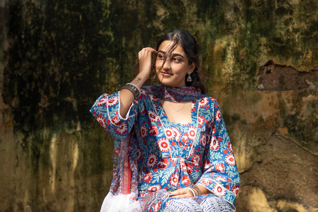 Blue Rapid Kalamkari Cotton Persian Salwar Kurti Set