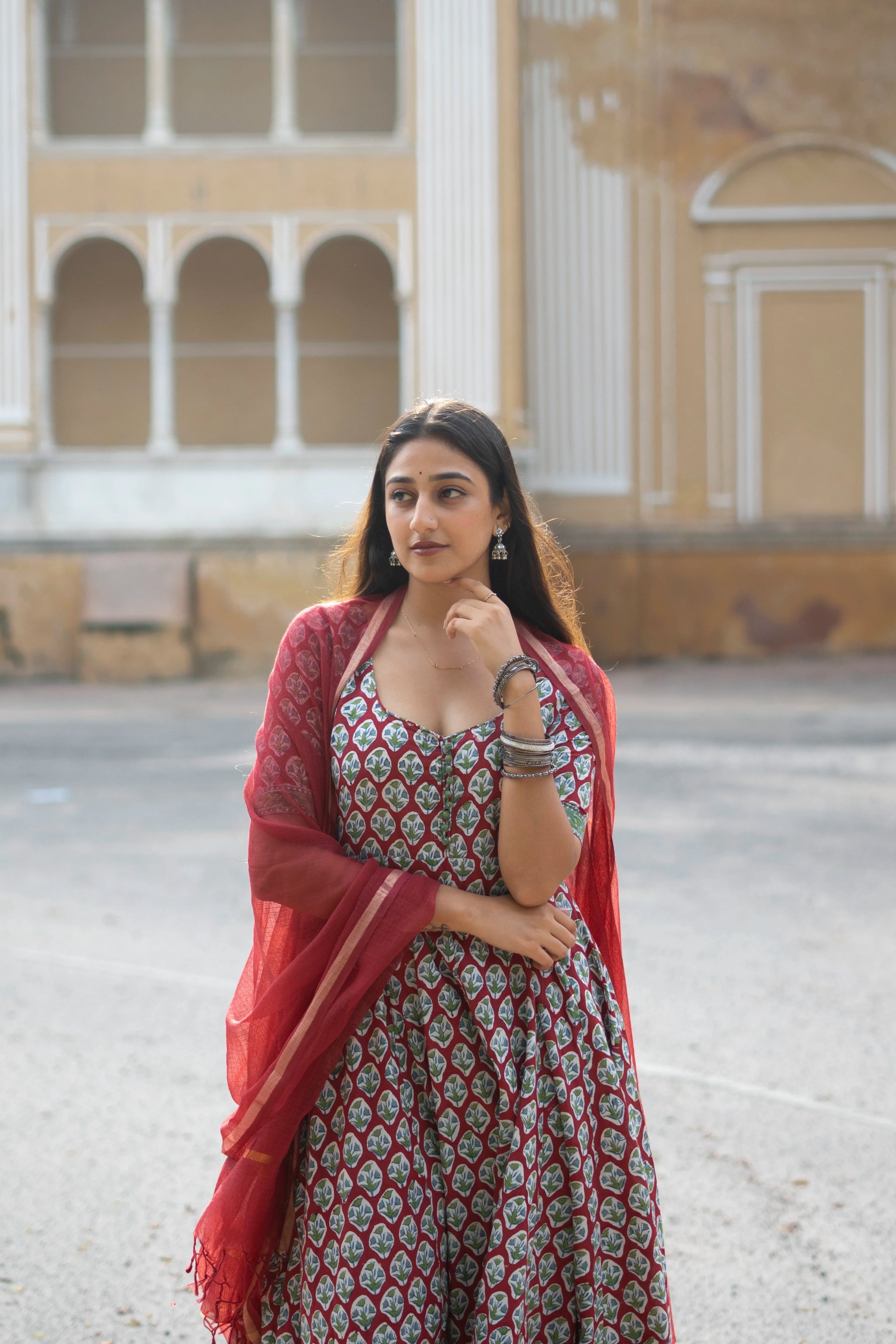 Red Rapid Buti Cotton Anarkali Set