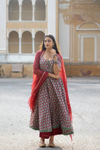 Red Rapid Buti Cotton Anarkali Set